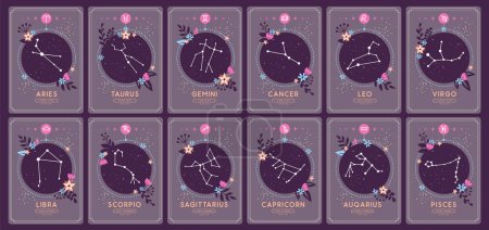 Téléchargez les illustrations : Ensemble de cartes de sorcellerie magiques modernes avec constellations astrologiques du zodiaque dans le ciel. Icônes du zodiaque. Illustration vectorielle - en licence libre de droit