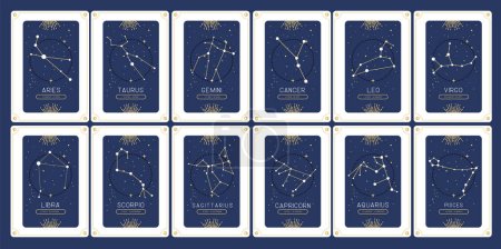 Ilustración de Conjunto de cartas de brujería mágica moderna con constelaciones del zodíaco astrológico en el cielo. Iconos del zodíaco. Ilustración vectorial - Imagen libre de derechos