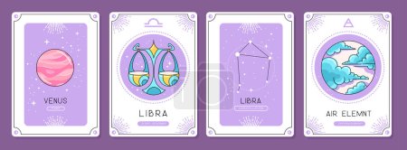 Illustration for Set of cartoon magic witchcraft cards with astrology Libra zodiac sign characteristic. Vector illustration - Royalty Free Image