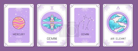 Illustration for Set of cartoon magic witchcraft cards with astrology Gemini zodiac sign characteristic. Vector illustration - Royalty Free Image