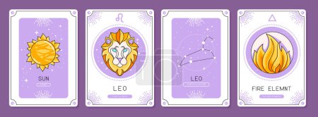 Ilustración de Conjunto de cartas de brujería mágica de dibujos animados con astrología signo zodiacal Leo característica. Ilustración vectorial - Imagen libre de derechos