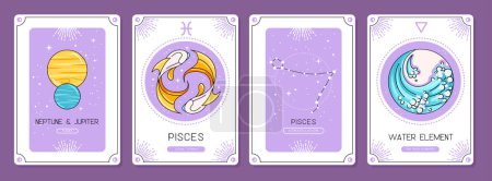Illustration for Set of cartoon magic witchcraft cards with astrology Pisces zodiac sign characteristic. Vector illustration - Royalty Free Image