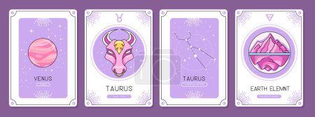 Ilustración de Conjunto de cartas de brujería mágica de dibujos animados con astrología Tauro signo del zodíaco característica. Ilustración vectorial - Imagen libre de derechos