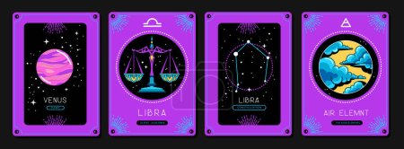 Illustration for Set of fluorescent cartoon magic witchcraft cards with astrology Libra zodiac sign characteristic. Vector illustration - Royalty Free Image