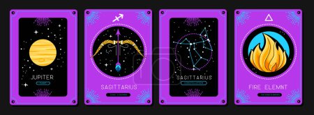 Illustration for Set of fluorescent cartoon magic witchcraft cards with astrology Sagittarius zodiac sign characteristic. Vector illustration - Royalty Free Image