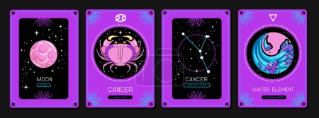 Illustration for Set of fluorescent cartoon magic witchcraft cards with astrology Cancer zodiac sign characteristic. Vector illustration - Royalty Free Image