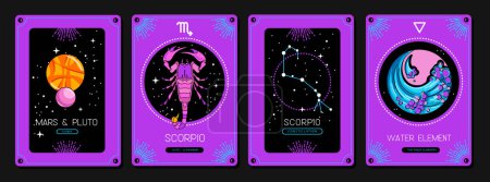 Illustration for Set of fluorescent cartoon magic witchcraft cards with astrology Scorpio zodiac sign characteristic. Vector illustration - Royalty Free Image