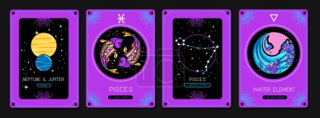 Illustration for Set of fluorescent cartoon magic witchcraft cards with astrology Pisces zodiac sign characteristic. Vector illustration - Royalty Free Image