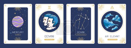 Téléchargez les illustrations : Ensemble de cartes de sorcellerie magique de dessin animé avec astrologie Gemini signe du zodiaque caractéristique. Illustration vectorielle - en licence libre de droit