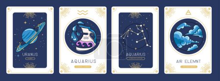 Illustration for Set of cartoon magic witchcraft cards with astrology Aquarius zodiac sign characteristic. Vector illustration - Royalty Free Image