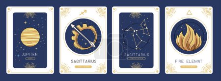 Ilustración de Conjunto de cartas de brujería mágica de dibujos animados con astrología Sagitario signo del zodíaco característica. Ilustración vectorial - Imagen libre de derechos