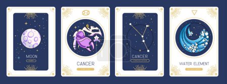 Illustration for Set of cartoon magic witchcraft cards with astrology Cancer zodiac sign characteristic. Vector illustration - Royalty Free Image