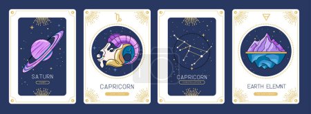 Illustration for Set of cartoon magic witchcraft cards with astrology Capricorn zodiac sign characteristic. Vector illustration - Royalty Free Image