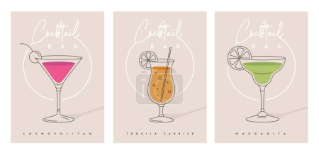 Téléchargez les illustrations : Ensemble d'affiches de cocktails modernes avec des cocktails dans différents types de verres. Conception de menu de cocktail. Illustration vectorielle - en licence libre de droit