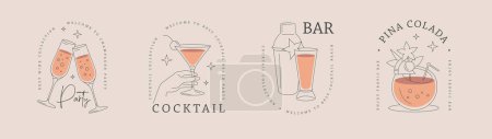 Illustration for Set of modern line art logo, label or emblem design with different cocktails. Vector illustration - Royalty Free Image