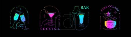 Illustration for Set of modern fluorescent line art logo, label or emblem design with different cocktails. Vector illustration - Royalty Free Image