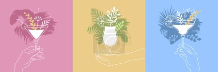 Téléchargez les illustrations : Ensemble de cocktails dans différents types de verres avec des éléments floraux et la silhouette de la main humaine. Illustration vectorielle - en licence libre de droit