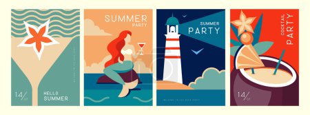 Téléchargez les illustrations : Ensemble d'affiches d'été rétro avec des attributs d'été. Cocktail silhouette, pina colada, sirène, phare et mer. Illustration vectorielle - en licence libre de droit