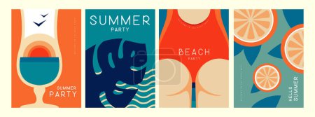 Téléchargez les illustrations : Ensemble d'affiches d'été rétro avec des attributs d'été. Silhouette de cocktail, feuille tropique, fille en maillot de bain et tranches de fruits. Illustration vectorielle - en licence libre de droit