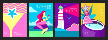 Ilustración de Conjunto de carteles de verano retro con atributos de verano. Silueta de cóctel, piña colada, sirena, faro y mar. Ilustración vectorial - Imagen libre de derechos
