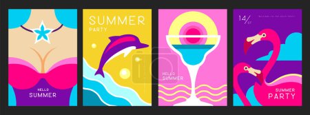 Téléchargez les illustrations : Ensemble d'affiches d'été rétro avec des attributs d'été. Silhouette de cocktail, flamant rose, fille en maillot de bain et silhouette de dauphin. Illustration vectorielle - en licence libre de droit