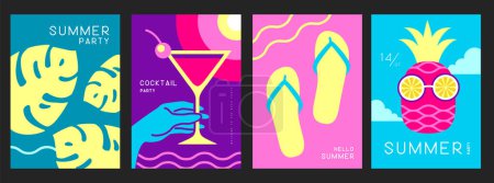 Téléchargez les illustrations : Ensemble d'affiches rétro avec des attributs d'été. Cocktail cosmopolite, feuille tropique, tongs et ananas à lunettes. Illustration vectorielle - en licence libre de droit