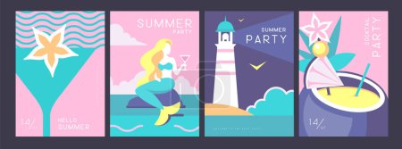 Illustration for Set of retro summer posters with summer attributes. Cocktail silhouette, pina colada, mermaid, lighthouse and sea. Vector illustration - Royalty Free Image