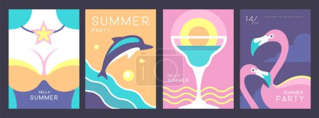 Ilustración de Conjunto de carteles de verano retro con atributos de verano. Silueta de cóctel, flamenco, chica en traje de baño y silueta de delfín. Ilustración vectorial - Imagen libre de derechos
