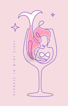 Illustration for Continuous line vector illustration of mermaid in wine glass - Royalty Free Image