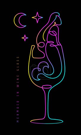 Téléchargez les illustrations : Illustration vectorielle continue fluorescente de sirène dans un verre à vin - en licence libre de droit