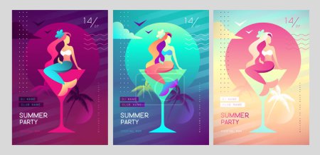 Téléchargez les illustrations : Ensemble d'affiches colorées de fête de disco d'été avec sirène en verre à cocktail. Fond d'été. Illustration vectorielle - en licence libre de droit