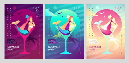 Illustration for Set of Colorful summer disco party posters with mermaid in cocktail glass. Summertime backgrounds. Vector illustration - Royalty Free Image
