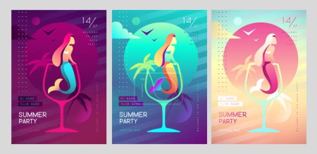Téléchargez les illustrations : Ensemble d'affiches colorées de fête de disco d'été avec sirène en verre à cocktail. Fond d'été. Illustration vectorielle - en licence libre de droit