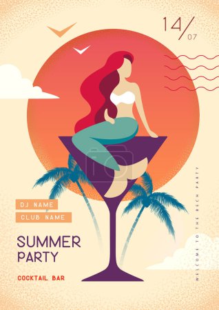 Ilustración de Carteles de fiesta disco de verano retro con sirena en copa de cóctel. Fondos de verano. Ilustración vectorial - Imagen libre de derechos