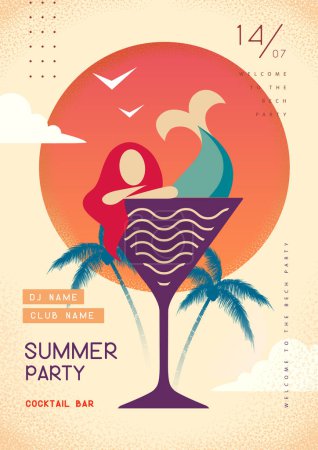 Téléchargez les illustrations : Affiches rétro fête disco d'été avec sirène en verre à cocktail. Fond d'été. Illustration vectorielle - en licence libre de droit