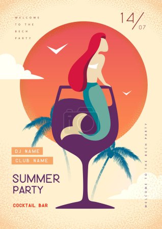 Téléchargez les illustrations : Affiches rétro fête disco d'été avec sirène en verre à cocktail. Fond d'été. Illustration vectorielle - en licence libre de droit