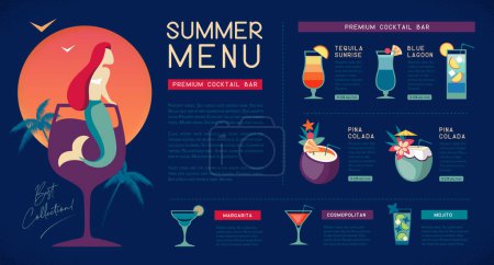 Ilustración de Retro restaurante de verano diseño de menú de cócteles con sirena en copa de cóctel. Ilustración vectorial - Imagen libre de derechos