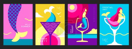 Téléchargez les illustrations : Ensemble d'affiches d'été rétro avec des attributs d'été. Cocktail silhouette cosmopolite, sirène et mer. Illustration vectorielle - en licence libre de droit