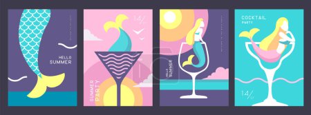 Téléchargez les illustrations : Ensemble d'affiches d'été rétro avec des attributs d'été. Cocktail silhouette cosmopolite, sirène et mer. Illustration vectorielle - en licence libre de droit