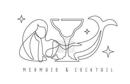 Illustration for Continuous line vector illustration of mermaid with cocktail glass - Royalty Free Image