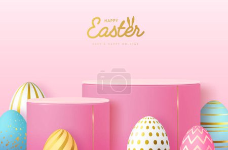 Téléchargez les illustrations : Vacances Pâques vitrine fond rose avec podium 3d et oeufs de Pâques colorés. Illustration vectorielle - en licence libre de droit