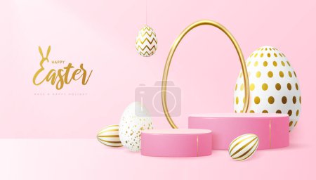 Feiertag Ostern Vitrine rosa Hintergrund mit 3d Podium und Ostereier. Vektorillustration