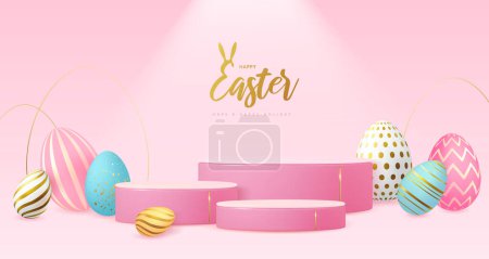 Holiday Easter showcase pink background with 3d podium and colorful easter eggs. Vector illustration
