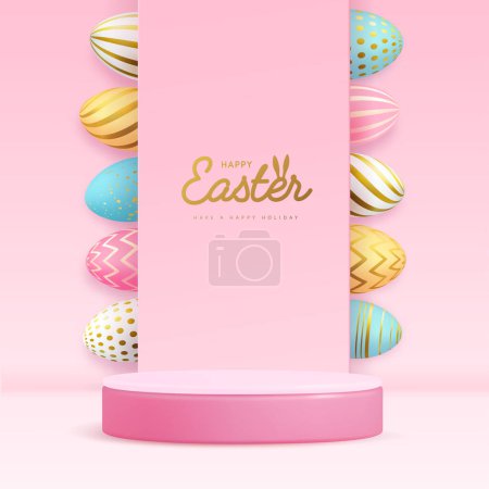 Illustration for Holiday Easter showcase pink background with 3d podium and colorful easter eggs. Vector illustration - Royalty Free Image