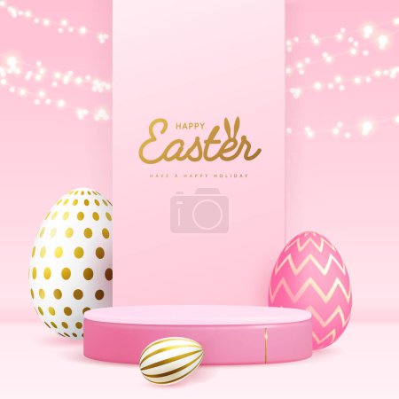 Ilustración de Fiesta Pascua escaparate fondo rosa con el podio 3d, huevos de Pascua y cadena de luces. Ilustración vectorial - Imagen libre de derechos