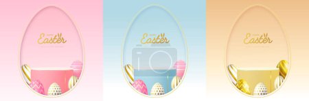 Illustration for Set of Holiday Easter showcase backgrounds with 3d podium and colorful easter eggs. Vector illustration - Royalty Free Image