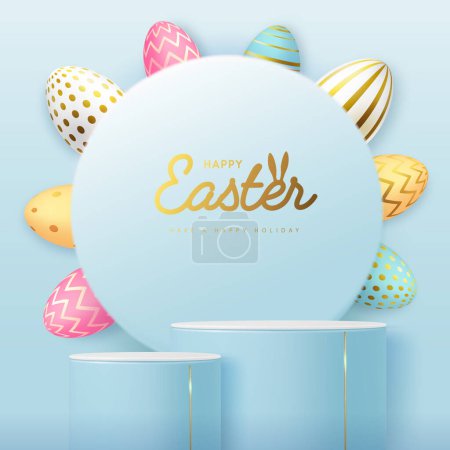 Illustration for Holiday Easter showcase blue background with 3d podium and colorful easter eggs. Vector illustration - Royalty Free Image