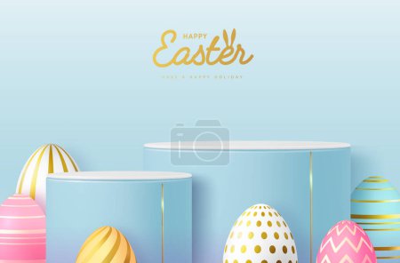 Téléchargez les illustrations : Vacances Pâques vitrine fond bleu avec podium 3d et oeufs de Pâques colorés. Illustration vectorielle - en licence libre de droit