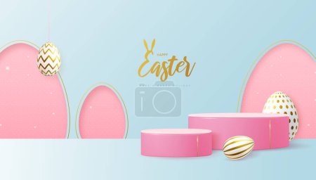 Holiday Easter showcase blue background with 3d podium and easter eggs. Vector illustration