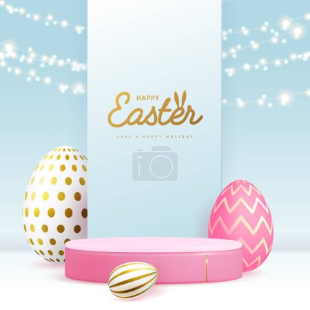 Illustration for Holiday Easter showcase blue background with 3d podium, easter eggs and string of lights. Vector illustration - Royalty Free Image